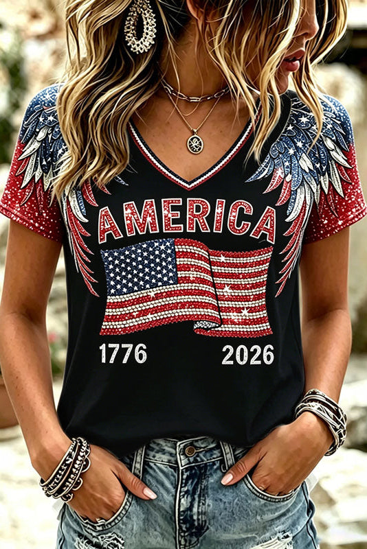 Women's Anniversary Independence Day Wings Flag Art Print V Neck T-shirt