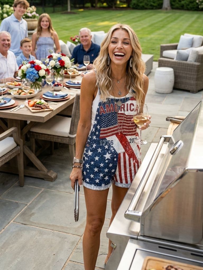 Independence Day Sequin Flag Denim Overalls Shorts
