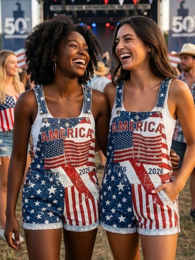 Independence Day Sequin Flag Denim Overalls Shorts