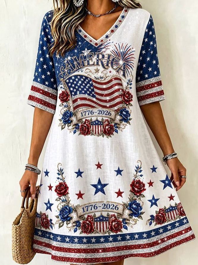 Women's Vintage Retro Independence Day Anniversary Print Art Print Linen Mini Dress