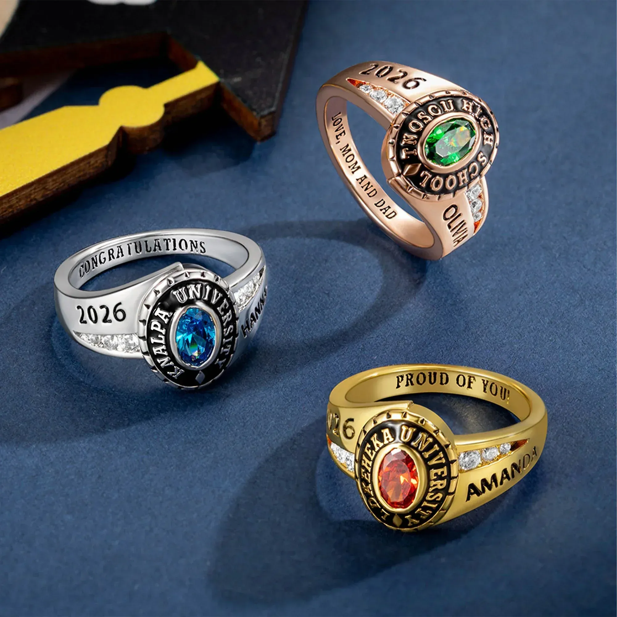 Custom Engraved Birthstone Sterling Silver Graduation Ring Gifts for Graduates