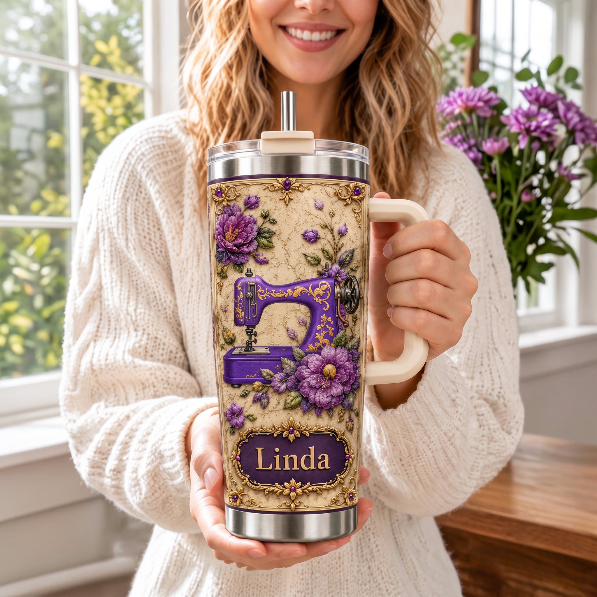 Personalized Vintage Sewing Machine Floral 40oz Tumbler With Handle