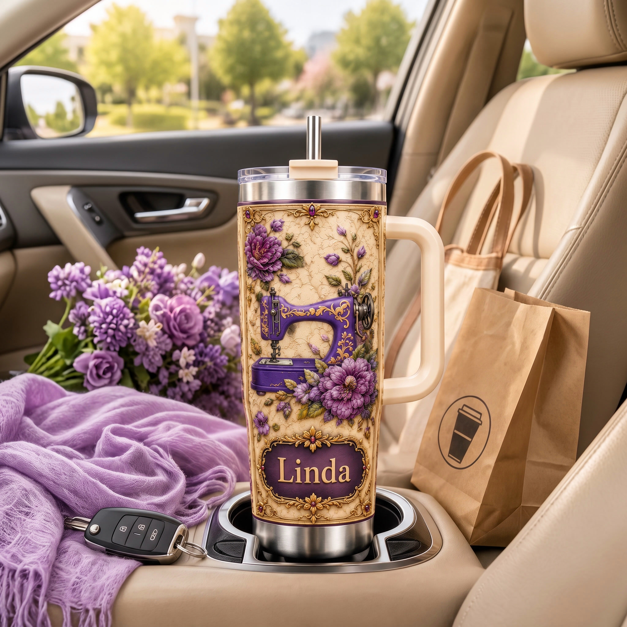 Personalized Vintage Sewing Machine Floral 40oz Tumbler With Handle