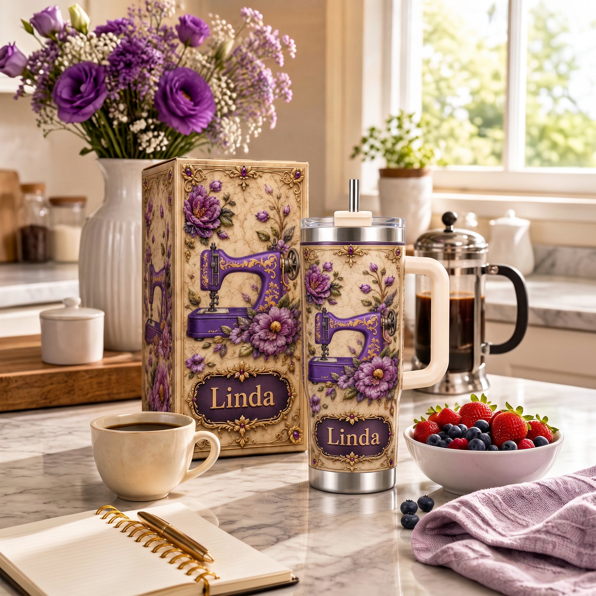 Personalized Vintage Sewing Machine Floral 40oz Tumbler With Handle