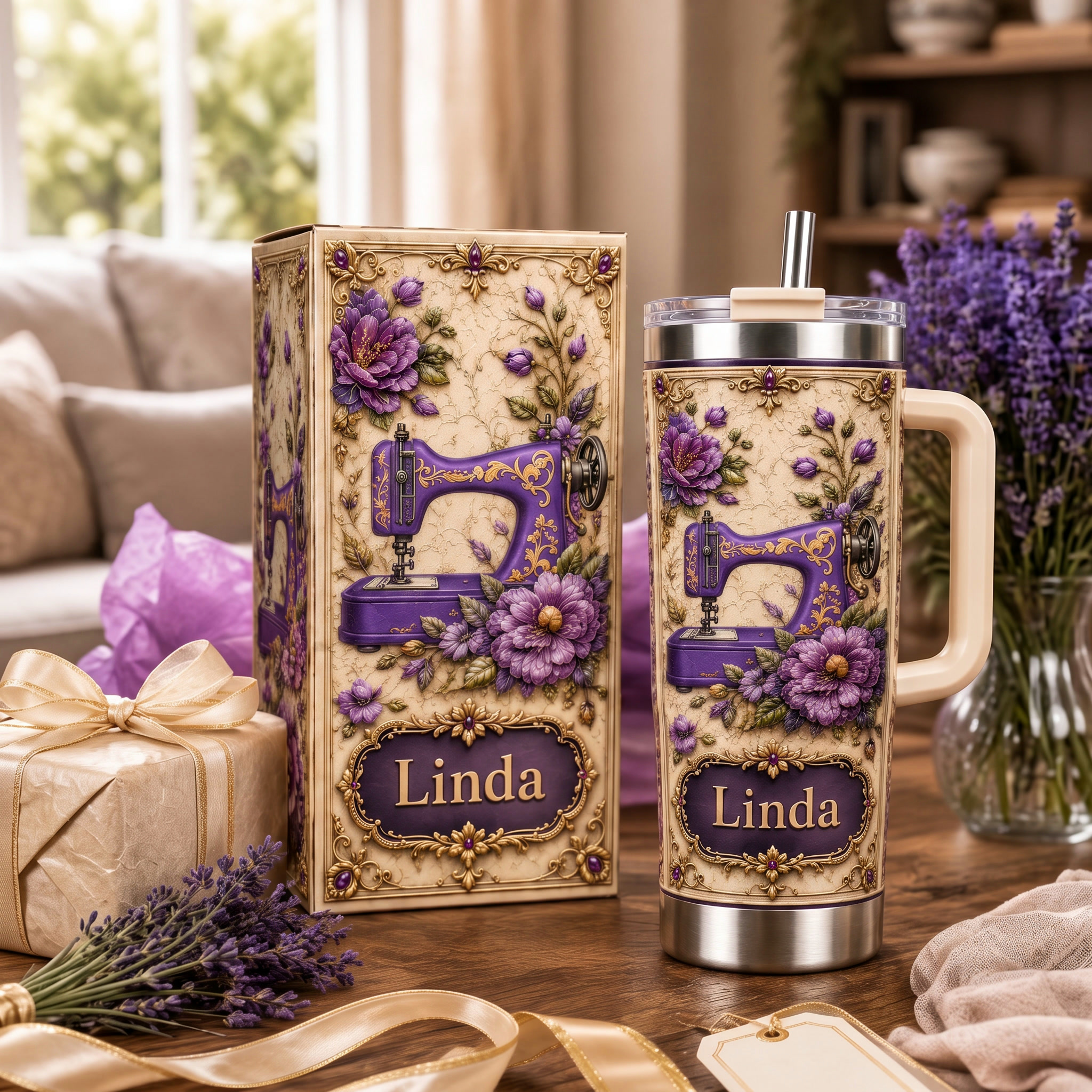 Personalized Vintage Sewing Machine Floral 40oz Tumbler With Handle