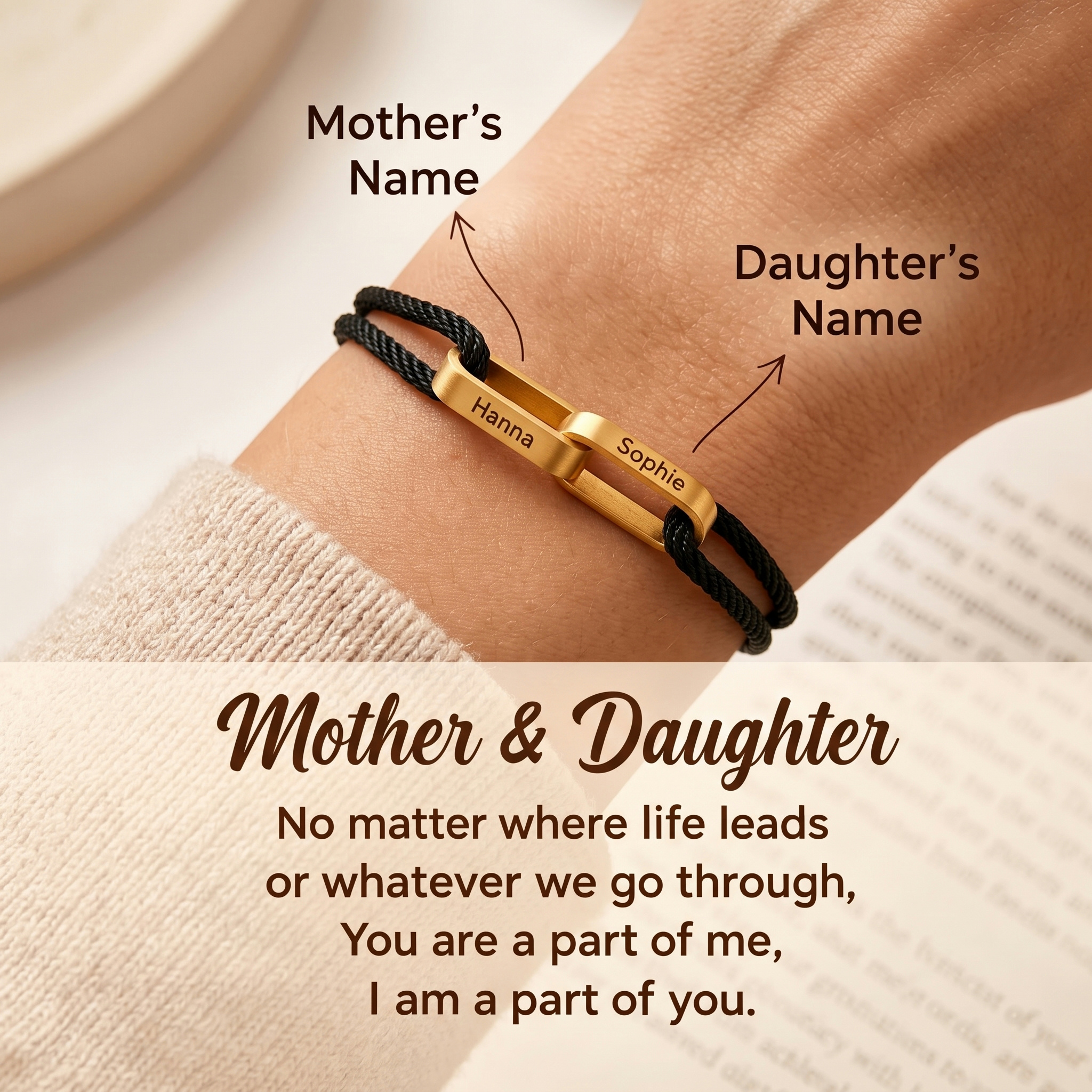 Mother And Daughter Connected By Heart Custom Name Bond Bracelet