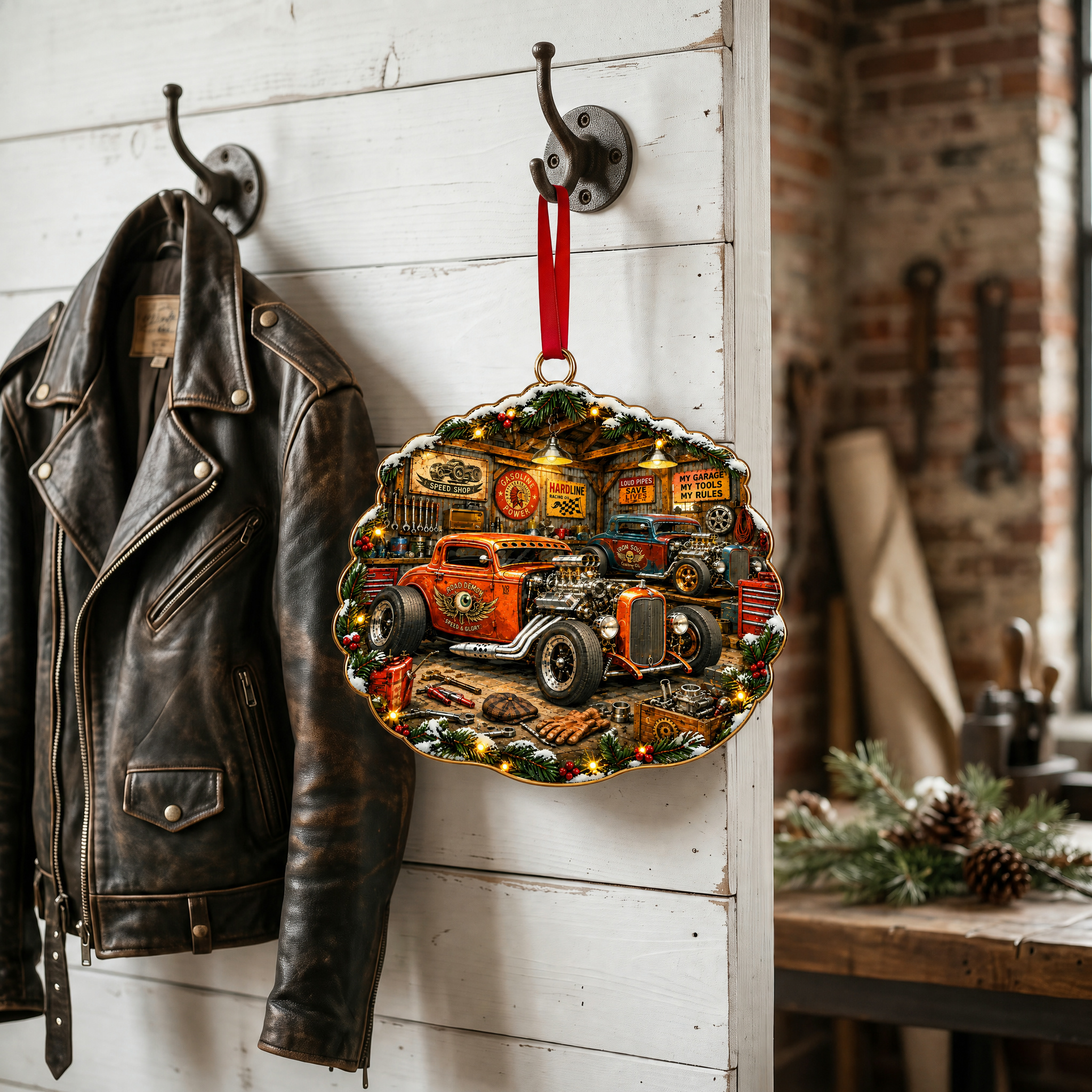 Vintage Hot Rod Garage Christmas Acrylic Ornament, Gearhead Tree Decor Gift