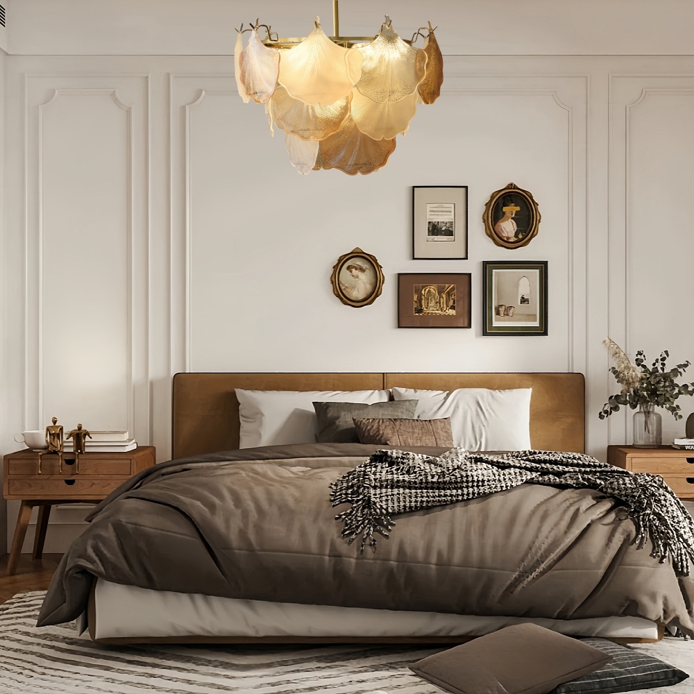 French Ginkgo Leaf Creative Ceiling Lamp Shell Glass Living Room Chandelier