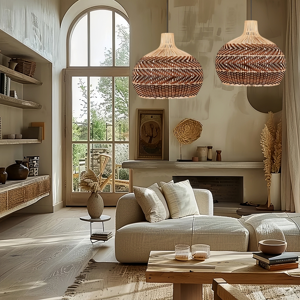 Handwoven Rustic Rattan Pendant Light Lampshade For Living Room