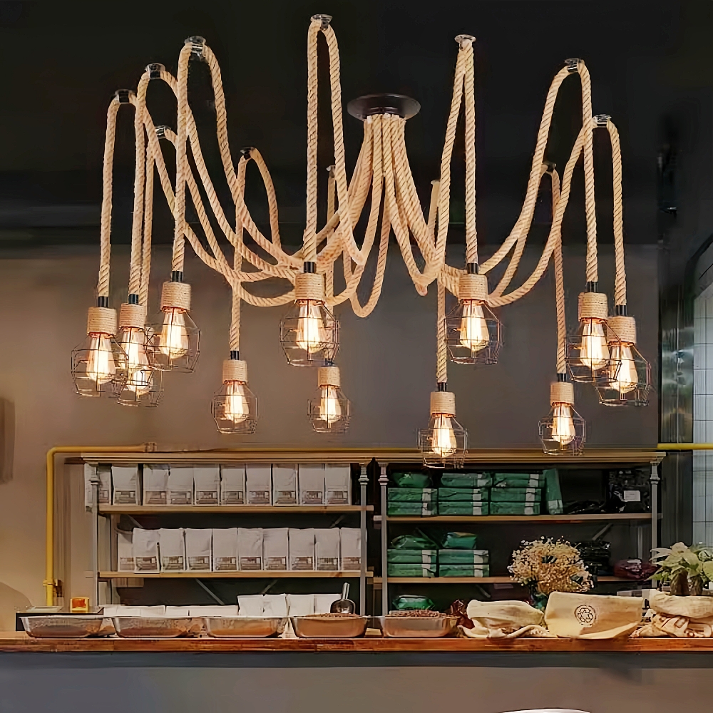 Spherical Cage Rope 6-Lights Brown Pendant Lighting Fixture