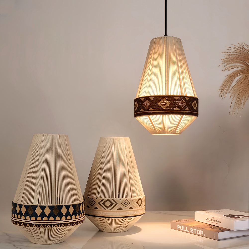 Bohemian Retro Style Hemp Rope Fabric Woven Pendant Light Bedroom