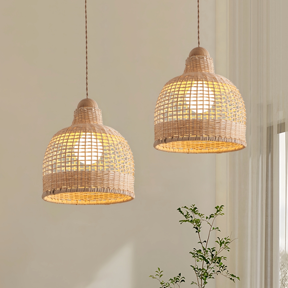 Wabi-sabi Rattan Drum Light Pendant Japanese Retro Bedroom Bedside Chandelier