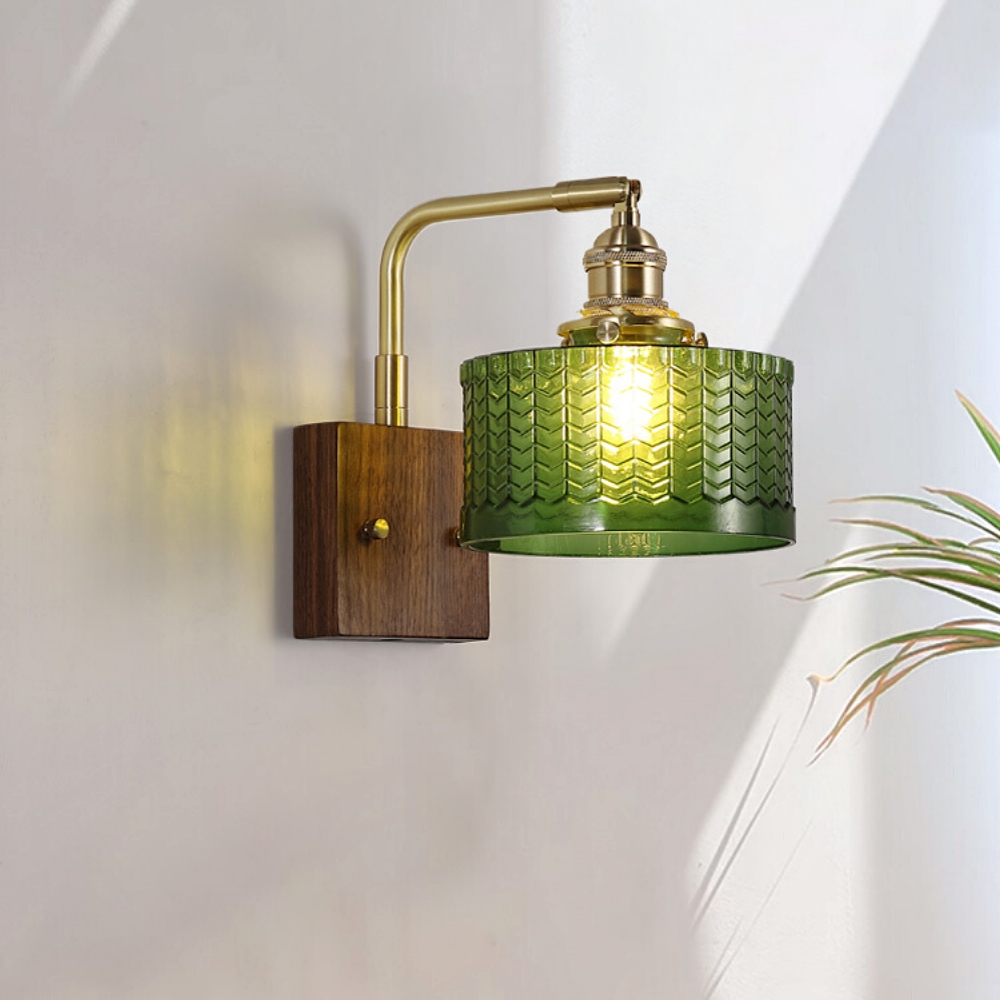 Japanese Retro Walnut Base Glass Brass Wall Lamp