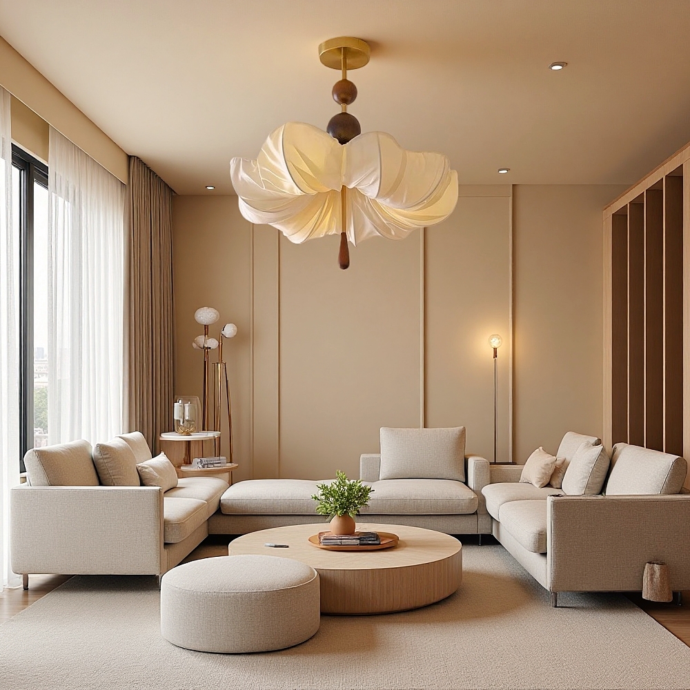 Retro Cream Aesthetic Restaurant Semi-Flush Mount Fabric Flower Ceiling Light