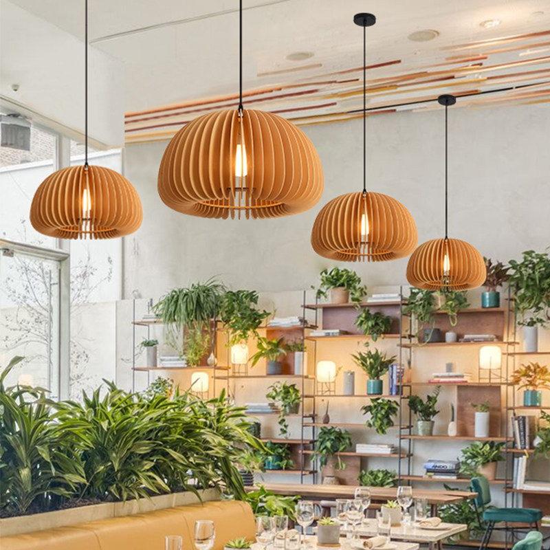 Restaurant Lamps Nordic Solid Wooden Pendant Light Pumpkin Chandelier