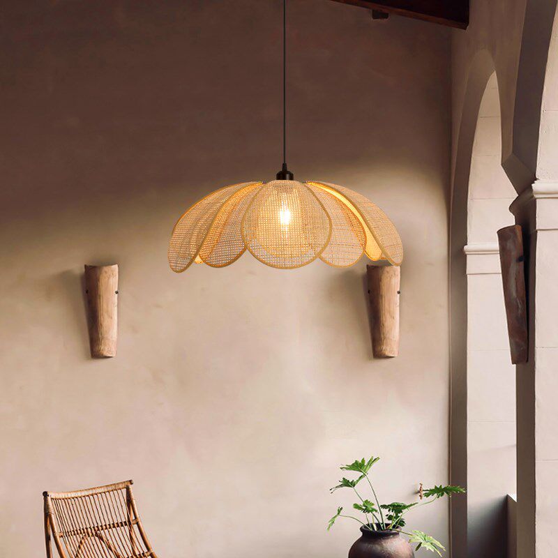 Rattan Petal Rustic Pendant Lamp Shade Japanese Wabi-sabi Flush Mount Lighting