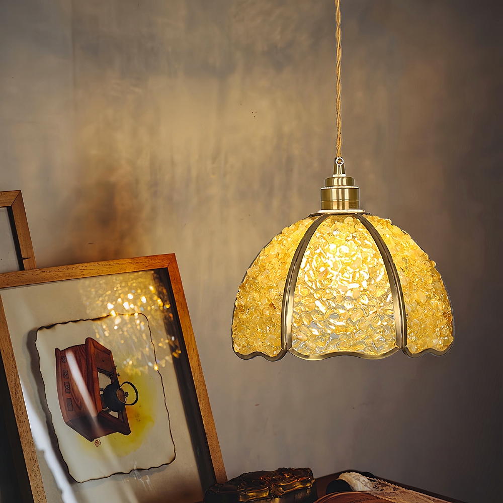 American Style Copper Natural Crystal Chandelier Hallway Foyer Balcony Pendant Light