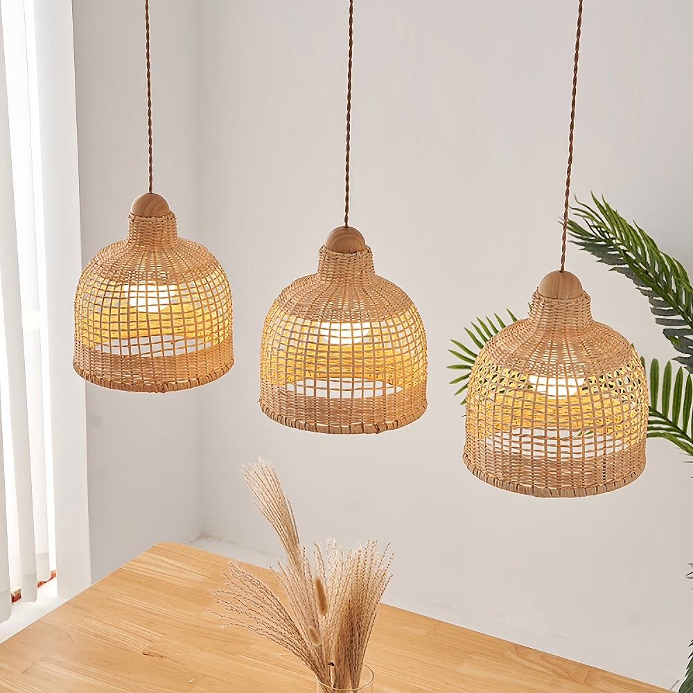 Wabi-sabi Rattan Drum Light Pendant Japanese Retro Bedroom Bedside Chandelier