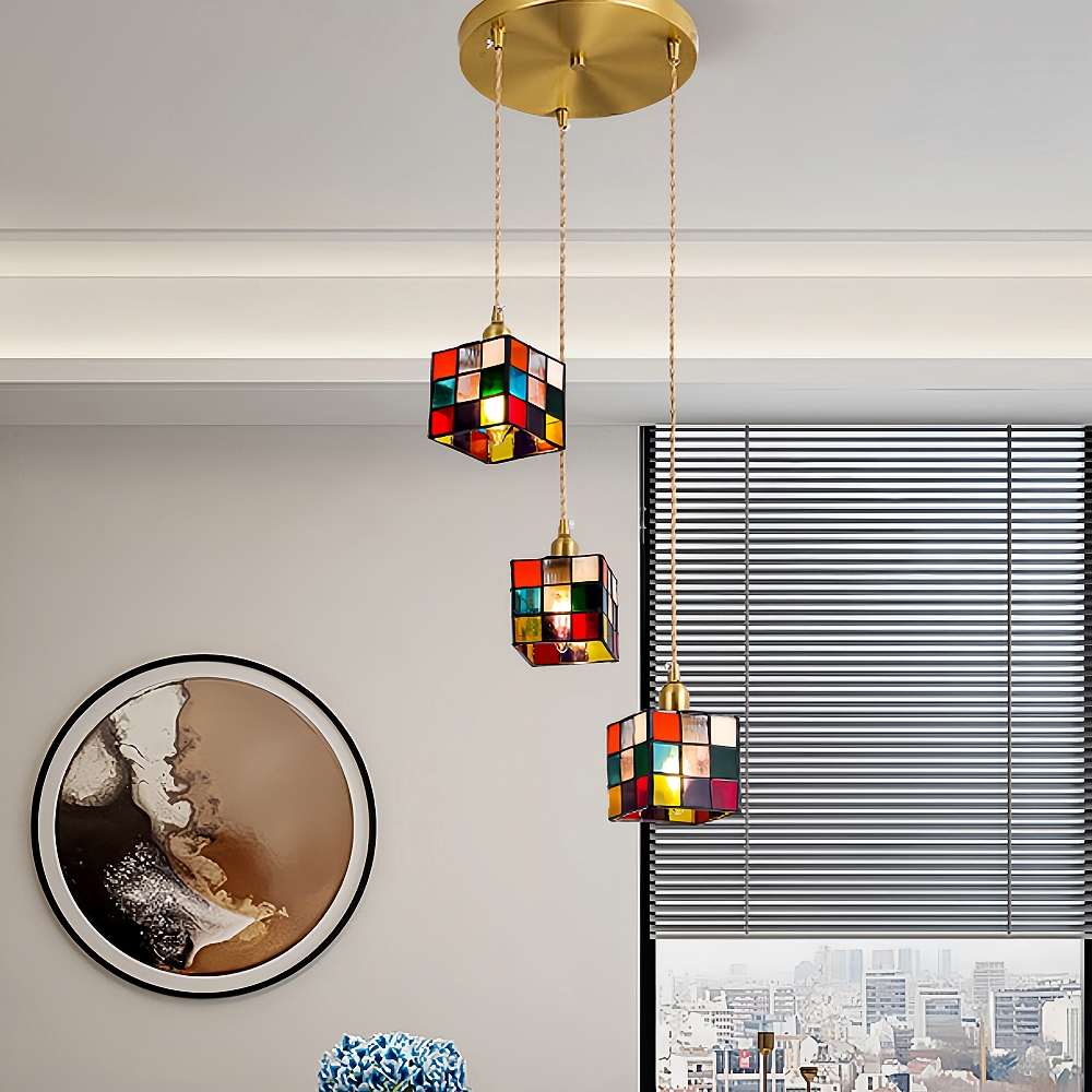 Nordic Creative Rubik’s Cube Small Glass Chandelier For Kitchen Island