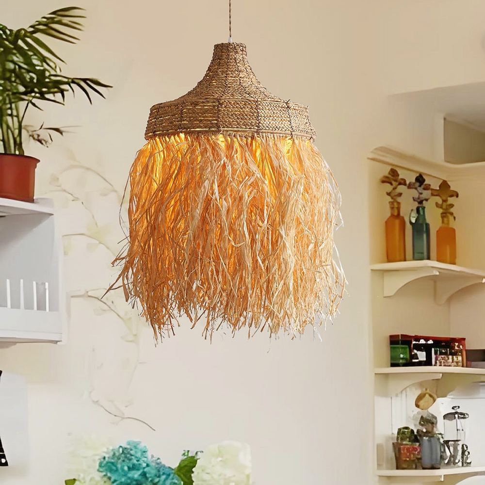 Bohemian Raffia Tassel Pendant Light Boho Coastal Living Room Lighting
