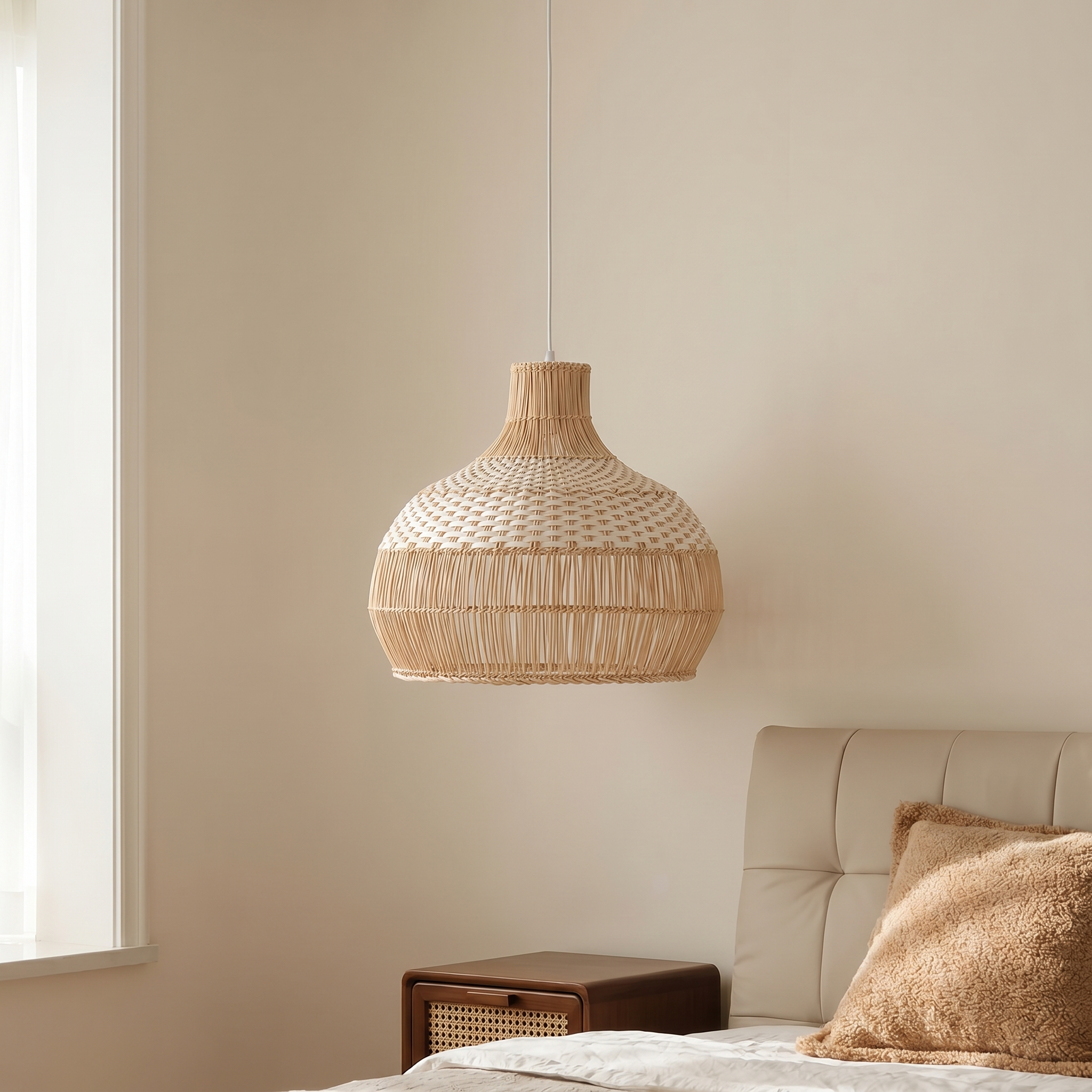 White Rattan Chandelier Modern Classic Pendant Light for Kitchen Island