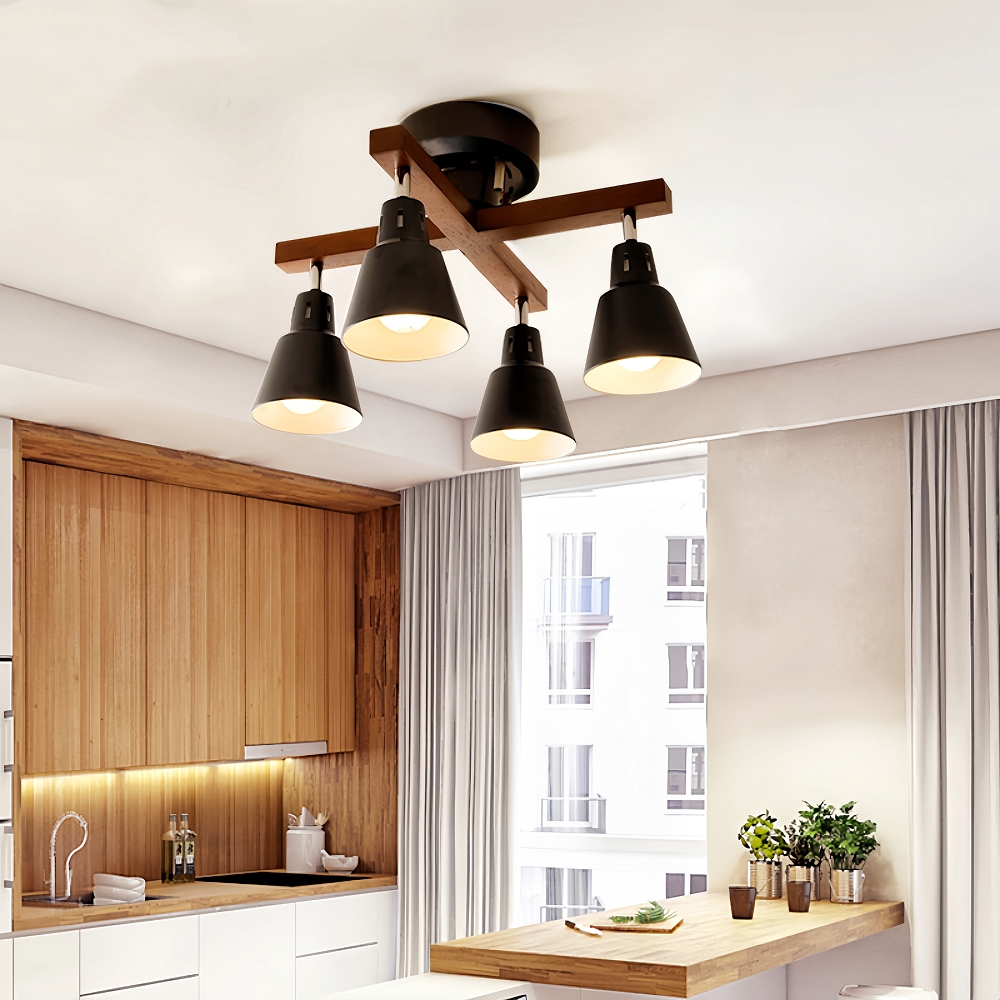 Japanese Style Solid Wood Track Multi Head Ceiling Light