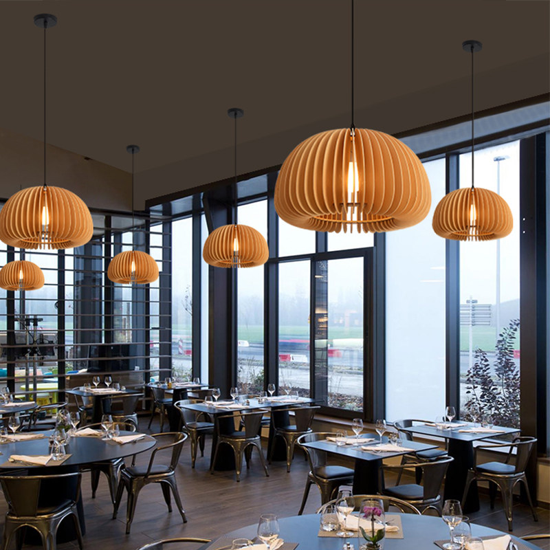Restaurant Lamps Nordic Solid Wooden Pendant Light Pumpkin Chandelier