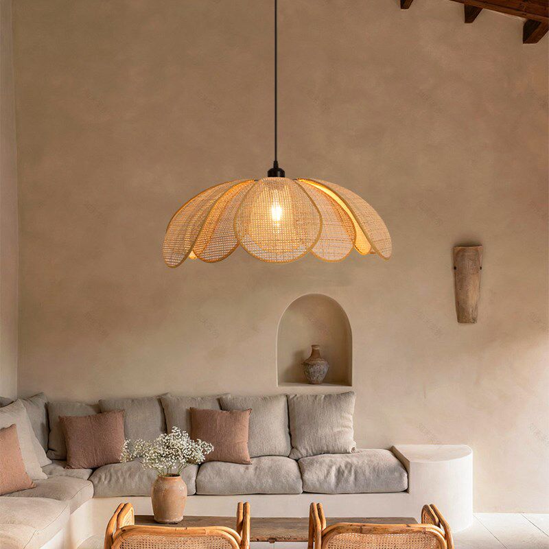 Rattan Petal Rustic Pendant Lamp Shade Japanese Wabi-sabi Flush Mount Lighting