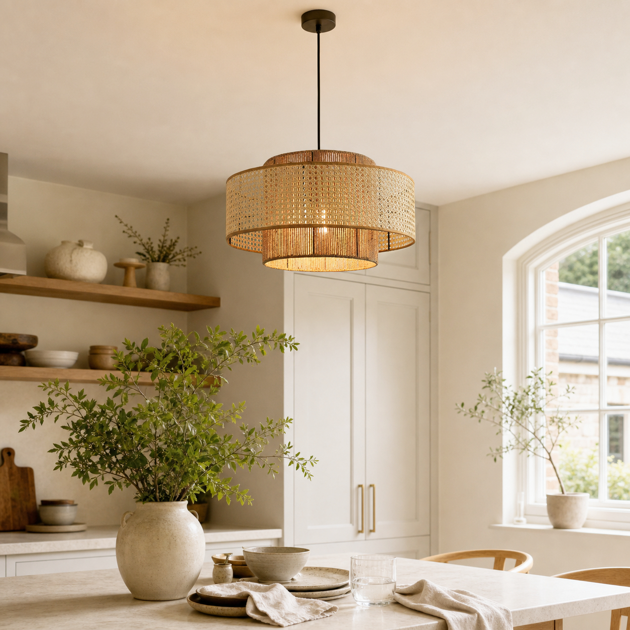 Restaurant Rattan Pendant Light Fixture Wabi-sabi Rope Light