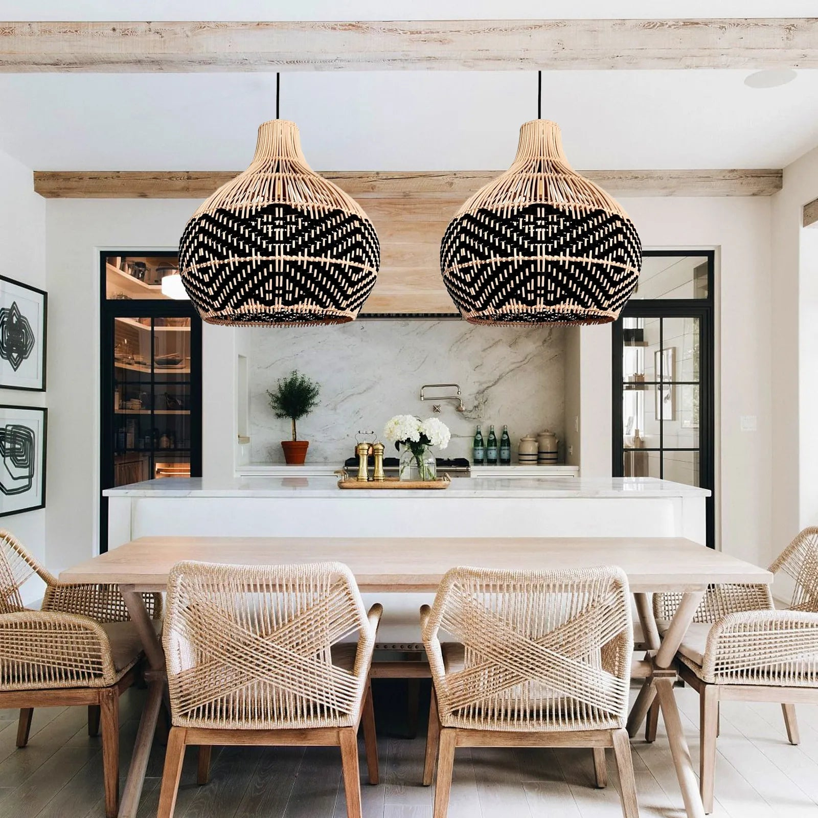 Black Rattan Pendant Lamp Shade Handmade Over Kitchen Sink Lighting