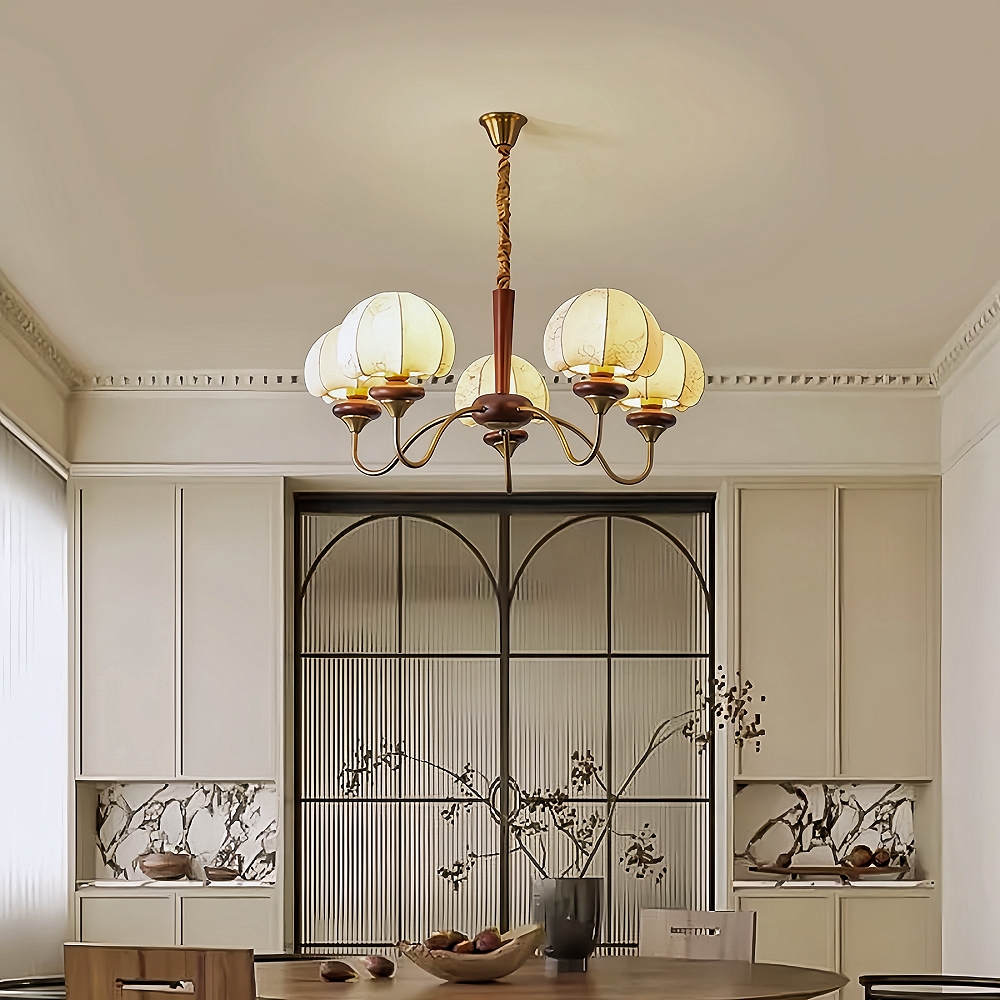 French Retro Style Fabric Patterned Walnut Multi Headed Pendant Light