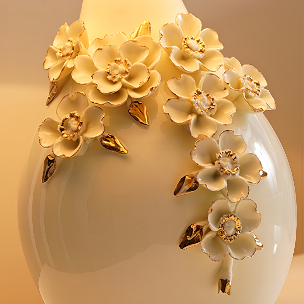 American Style White Series Ceramic Carved Desk Lamp With Simple Fabric Lampshade