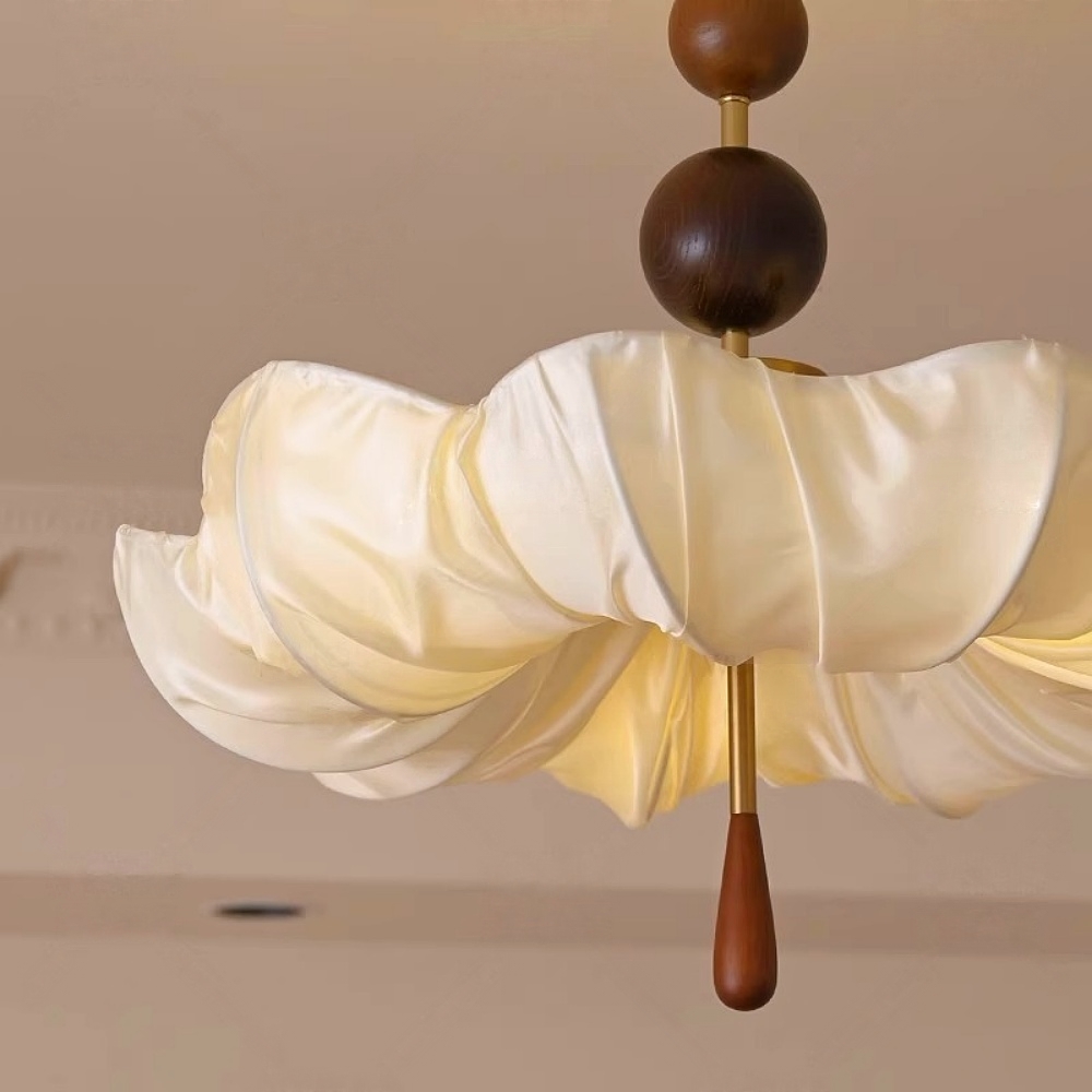 Retro Cream Aesthetic Restaurant Semi-Flush Mount Fabric Flower Ceiling Light