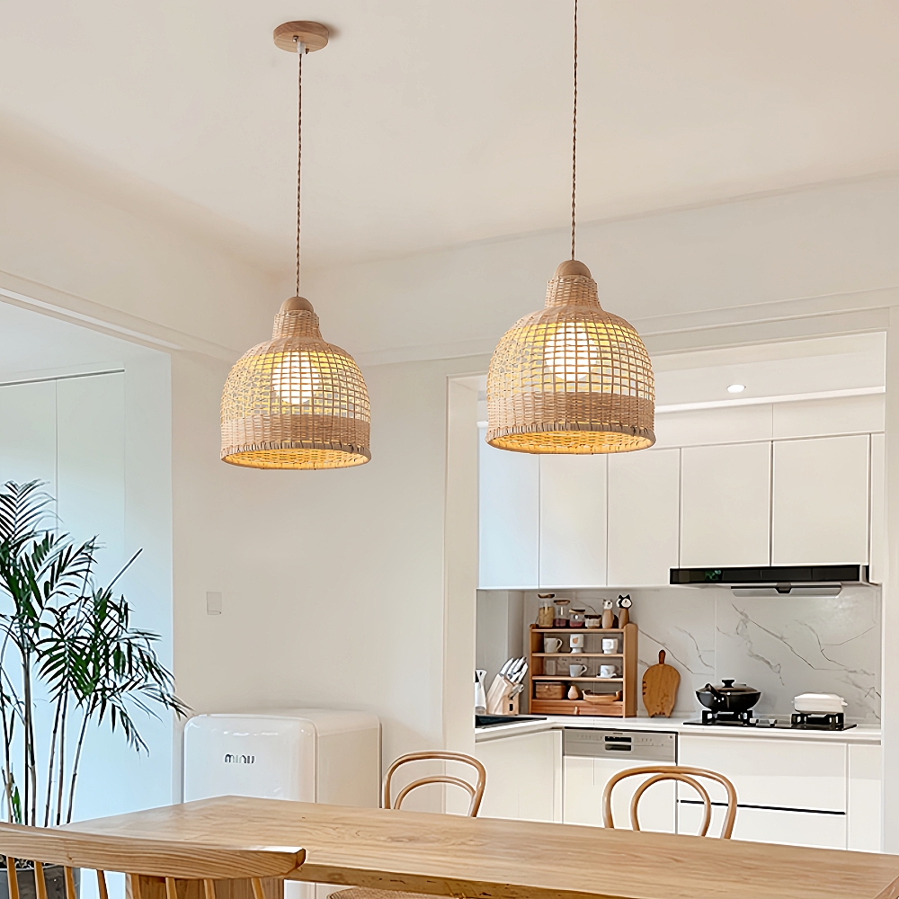 Wabi-sabi Rattan Drum Light Pendant Japanese Retro Bedroom Bedside Chandelier