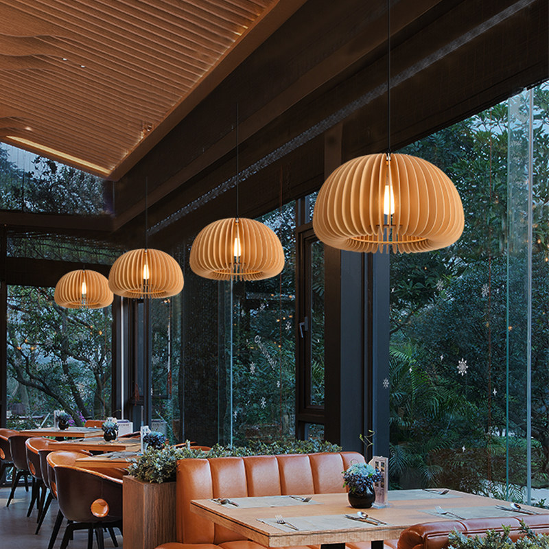 Restaurant Lamps Nordic Solid Wooden Pendant Light Pumpkin Chandelier