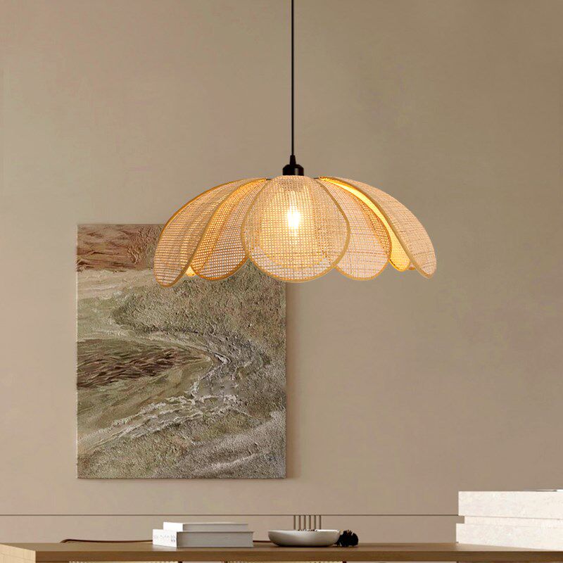 Rattan Petal Rustic Pendant Lamp Shade Japanese Wabi-sabi Flush Mount Lighting