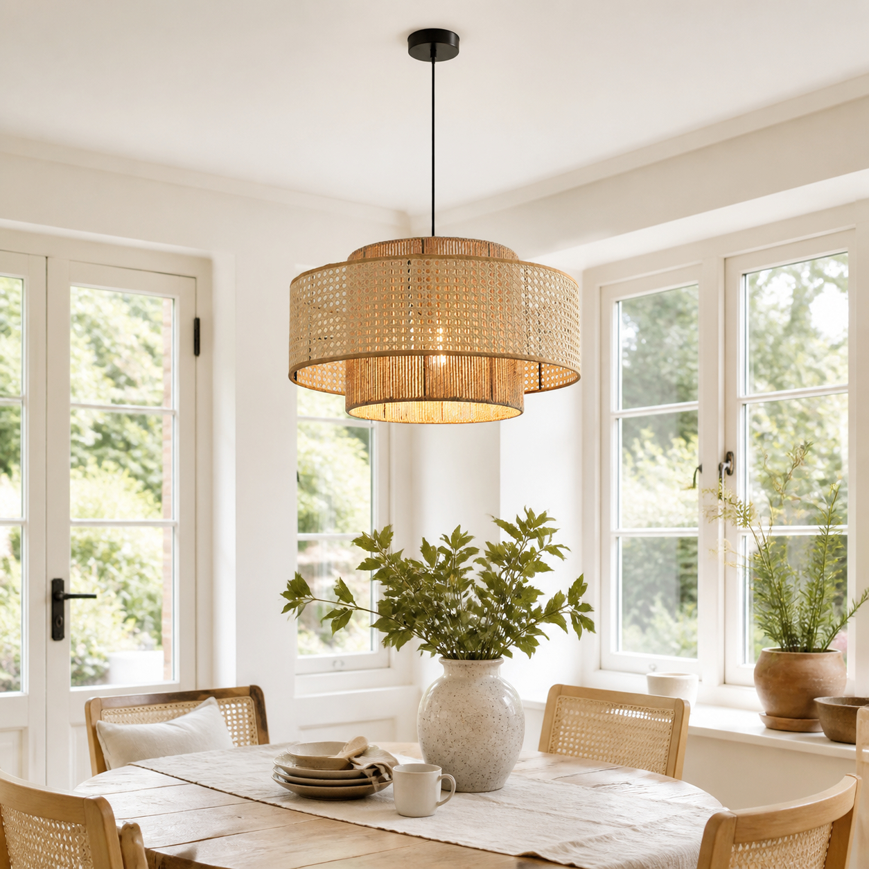 Restaurant Rattan Pendant Light Fixture Wabi-sabi Rope Light