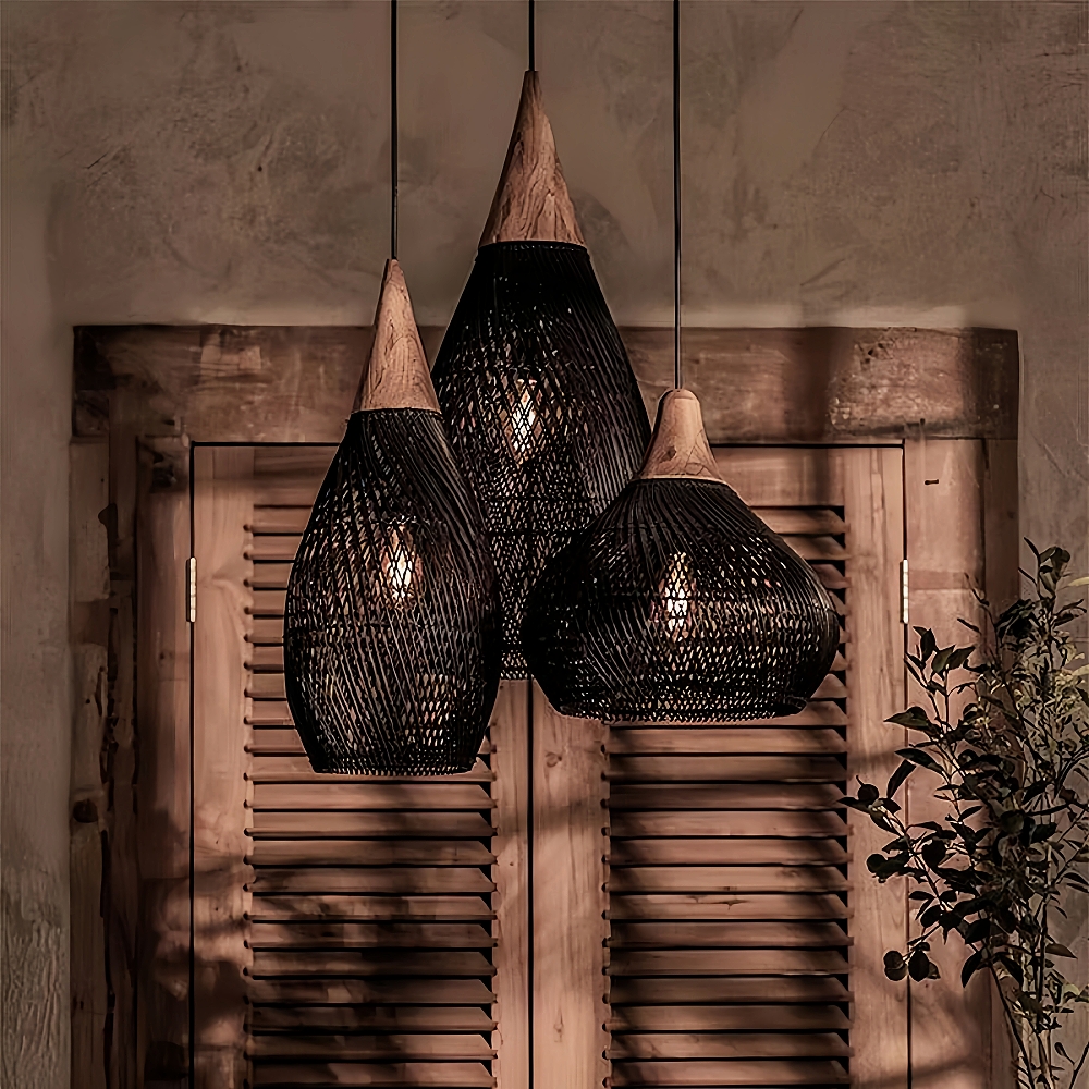 Unique Rattan Pendant Light Wabi Sabi Handmade Wooden Rattan Lamp Fixture