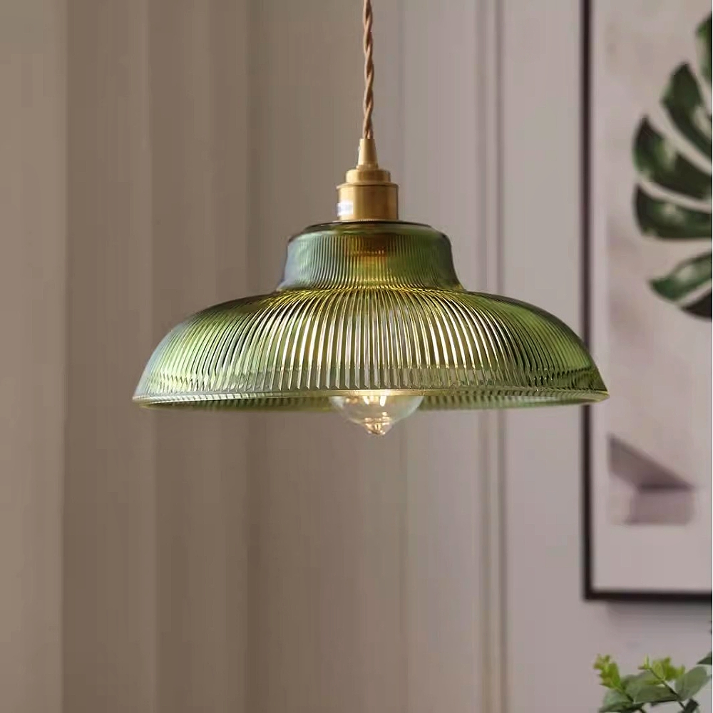 Japanese Retro Brass Glass Green Transparent Pendant Light