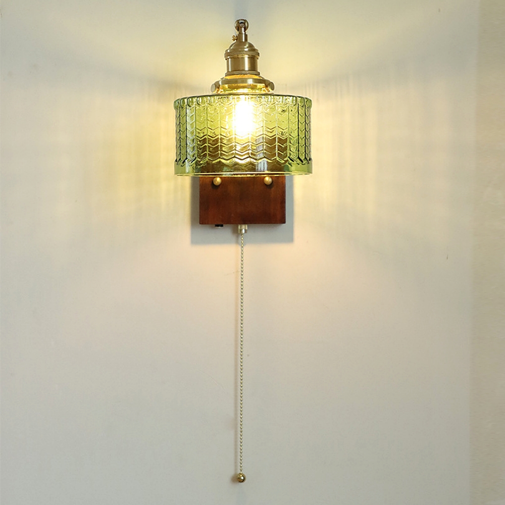Japanese Retro Walnut Base Glass Brass Wall Lamp