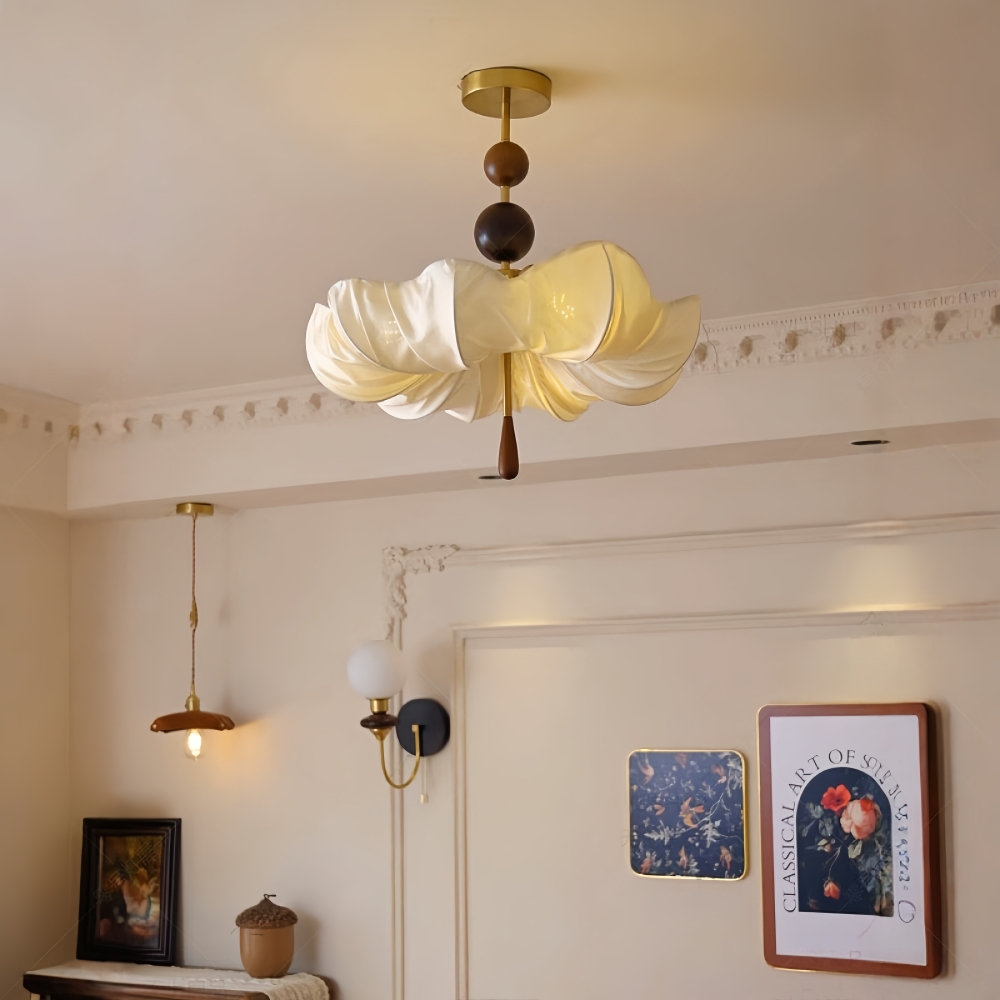 Retro Cream Aesthetic Restaurant Semi-Flush Mount Fabric Flower Ceiling Light