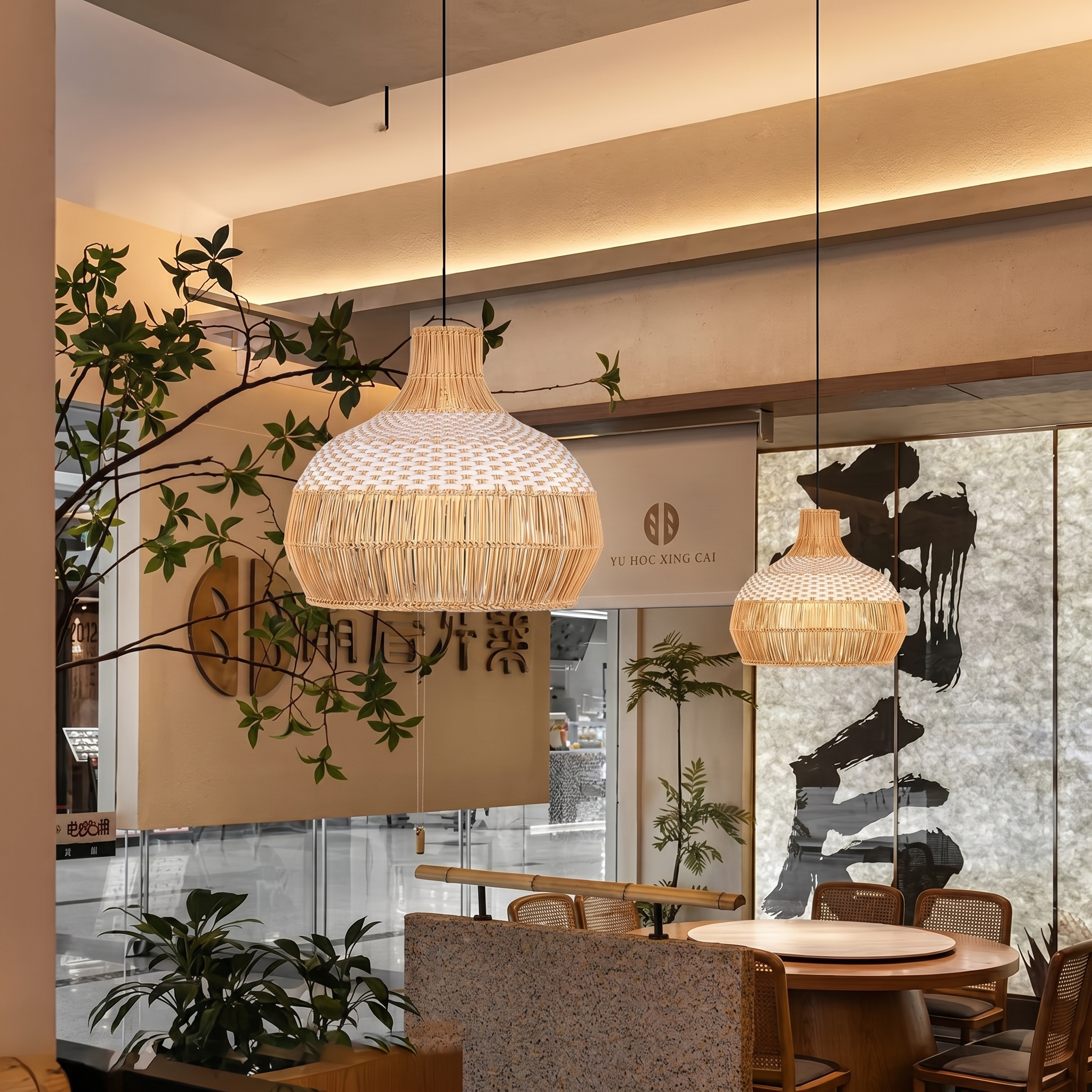 White Rattan Chandelier Modern Classic Pendant Light for Kitchen Island