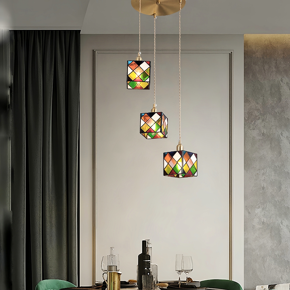 Nordic Creative Rubik’s Cube Small Glass Chandelier For Kitchen Island