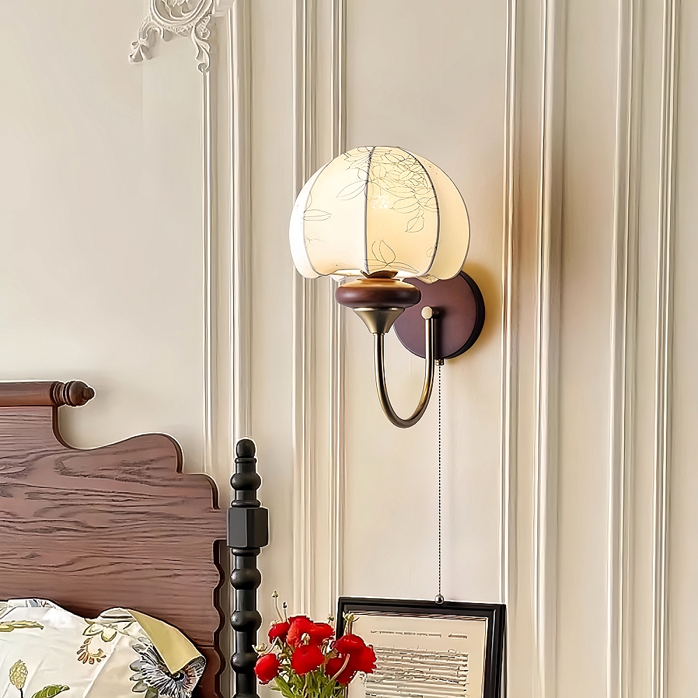 French Retro Style Fabric Patterned Walnut Multi Headed Pendant Light