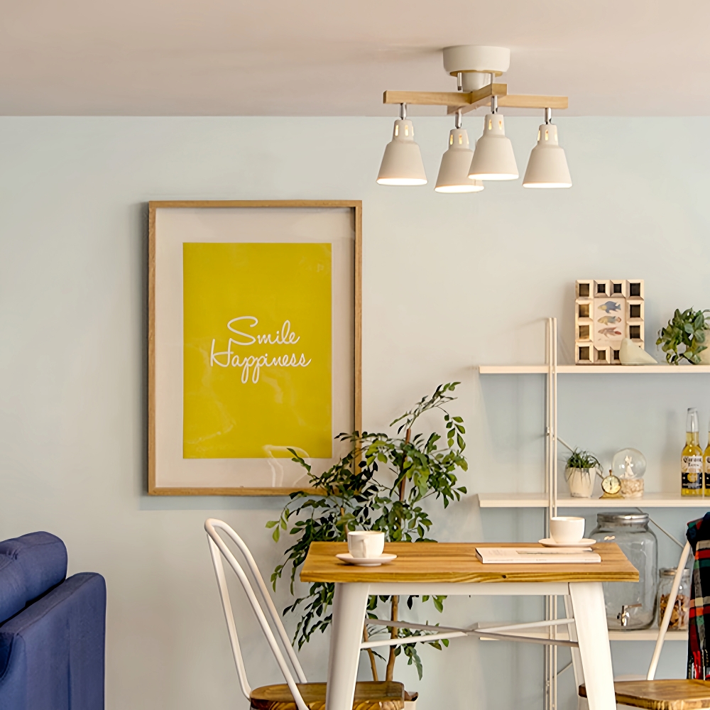 Japanese Style Solid Wood Track Multi Head Ceiling Light