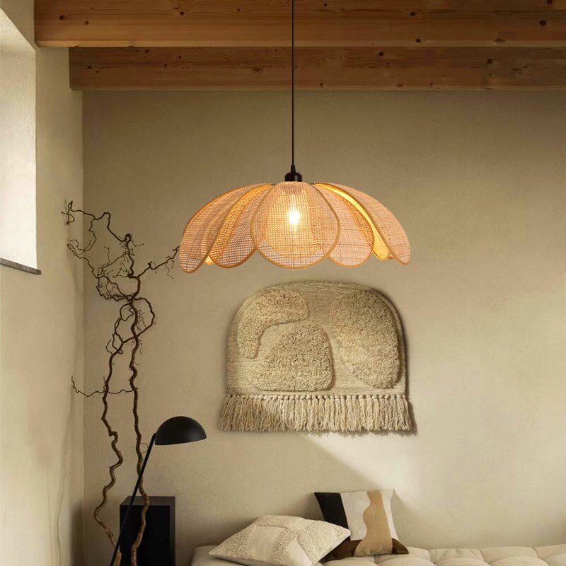 Rattan Petal Rustic Pendant Lamp Shade Japanese Wabi-sabi Flush Mount Lighting