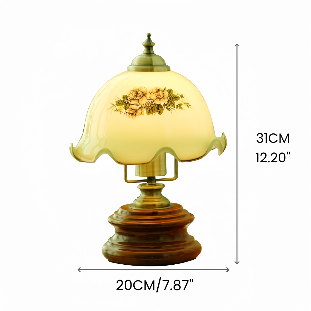 Vintage French Style Floral Glass Table Lamp Solid Wood Bedside Lamp