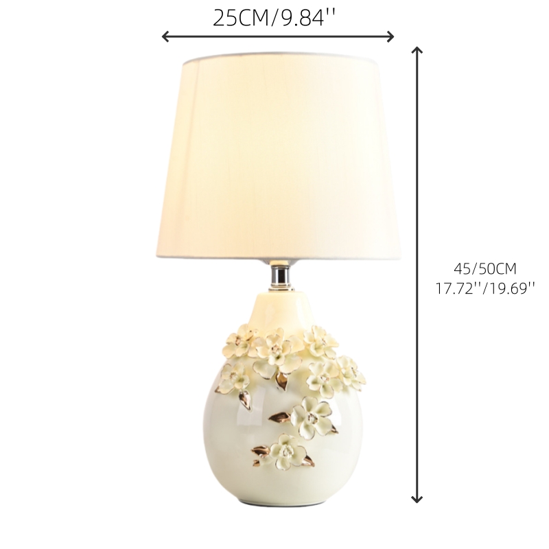 American Style White Series Ceramic Carved Desk Lamp With Simple Fabric Lampshade
