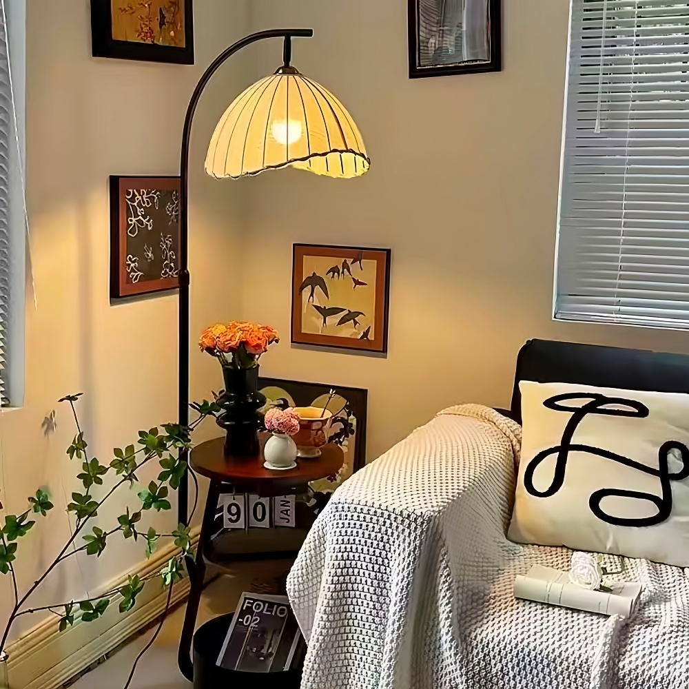 Medieval-Style Living Room Storage Shelf Integrated Floor Lamp