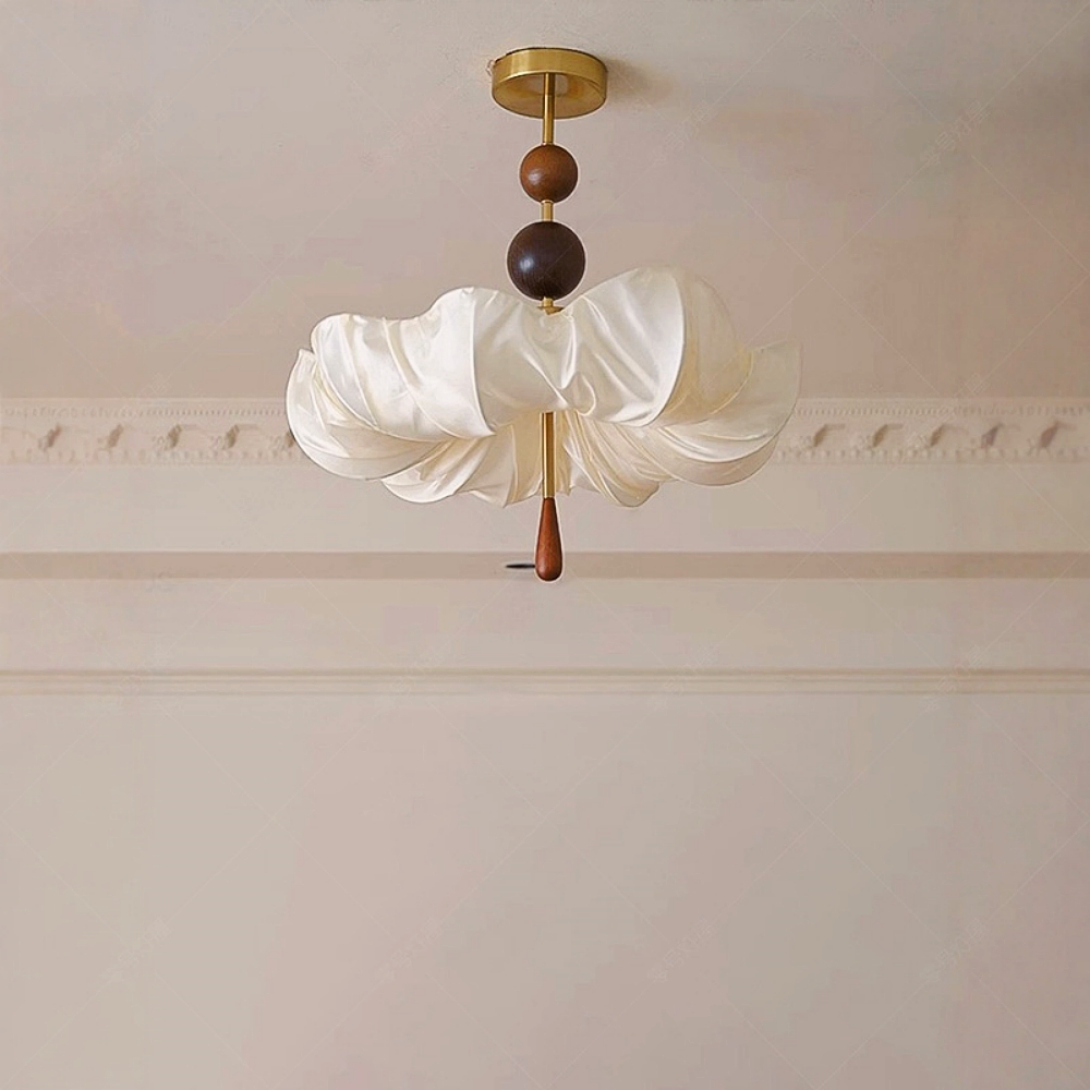 Retro Cream Aesthetic Restaurant Semi-Flush Mount Fabric Flower Ceiling Light